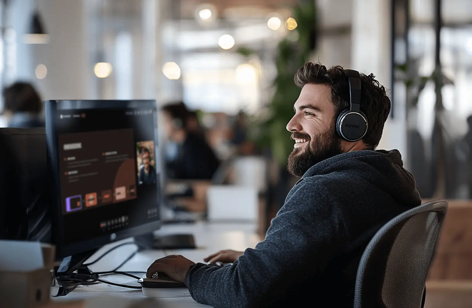 Man with beard wearing headphones and smiling while working on a computer in an office.